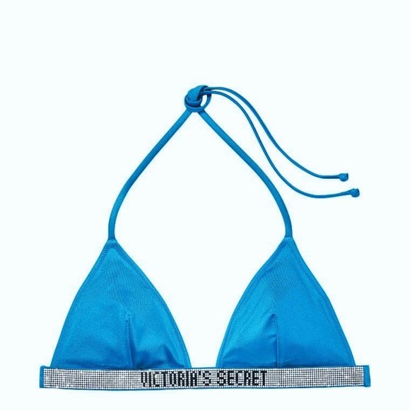 Victorias Secret Swim Shine Strap Bling Bikini Top Size S Logo Blue Small - Picture 3 of 5